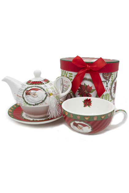 Set ceainic din ceramica in tematica de Craciun, cu farfurie si cana din ceramica, in cutie cadou