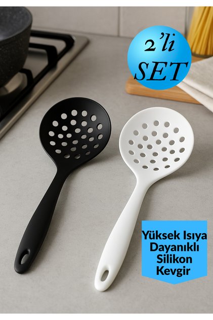 2’li Silikon Kevgir Seti – Yüksek Isıya Dayanıklı, Yanmaz Yapışmaz Delikli Kevgir, Siyah & Beyaz