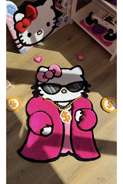 Hello Kitty El Yapımı Tufting Halı – 45x75 cm Özel Tasarım Dekoratif Masa & Zemin Halısı