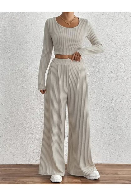 Long Sleeve Crop Blouse and Wide Leg Pants Two Piece Women's Set - Camisole Fabric