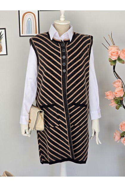 Long Wool Knitwear Front 3 Buttons Striped Plus Size Knitwear Vest