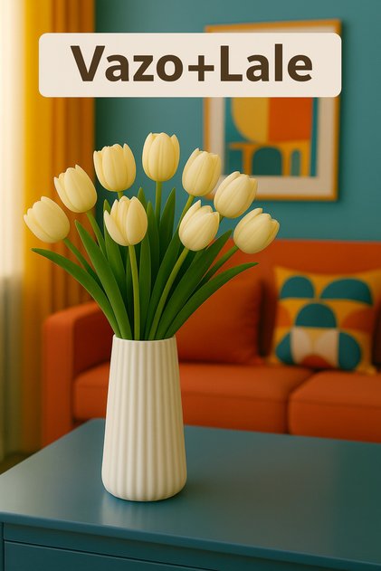 8’li Beyaz Yapay Lale Çiçeği – Vazo İçinde Modern Dekoratif Aranjman