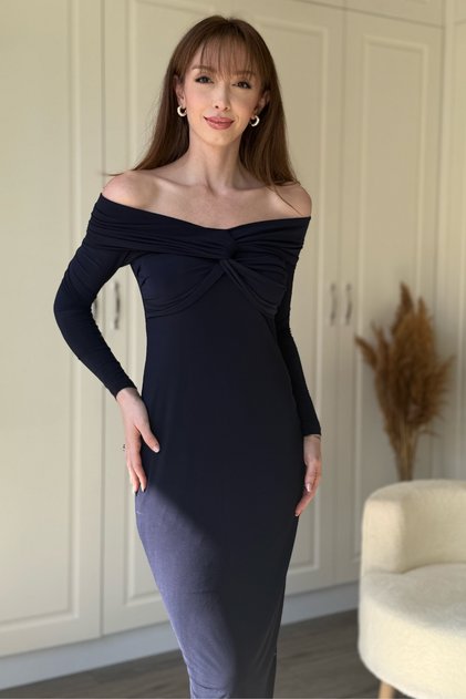 Shoulder Detailed Bodycon Midi Navy Blue Dress