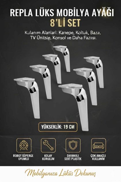 Repla Mobilya Kanepe Tv Ünitesi Koltuk ve Konsol Dolap Ayağı 19 cm Krom