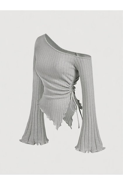 Women's Gray Asymmetrical One-Shoulder Knitwear Blouse – Spanish Sleeve, Drawstring Detail