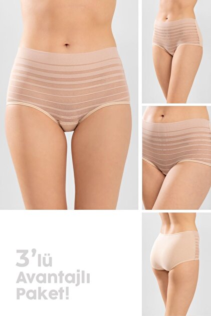 Women's High Waist Cotton Transparent Detailed Bato Panties 3 Pack 8261 Skin Color