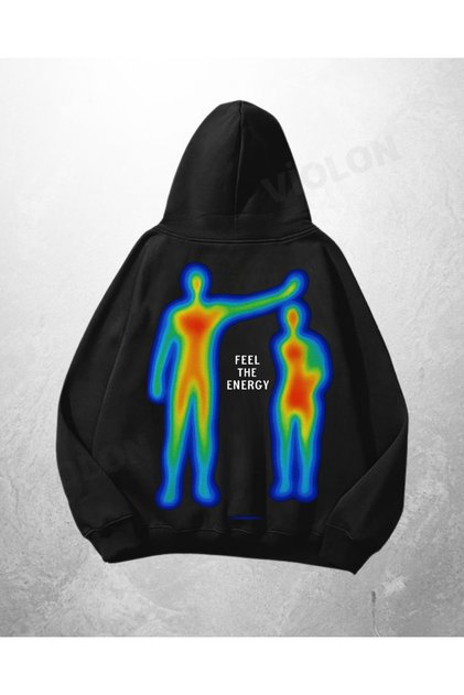 سويت شيرت هوديي كبير الحجم مطبوع عليه Feel Energy باللون الأسود للجنسين