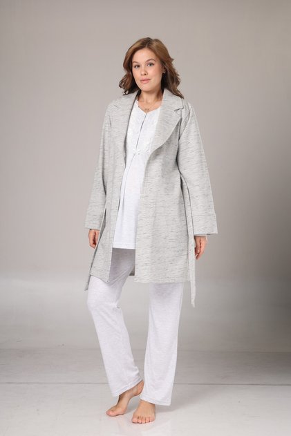 Women's Gray Lace Long Sleeve Cotton Maternity Dressing Gown 3-Piece Pajama Set