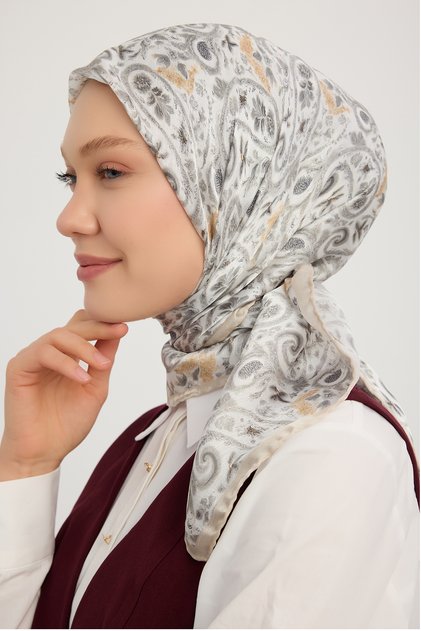 Ethnic Spring - Beige - Aurora Patterned Janjan Scarf - 90X90 cm
