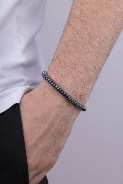 Single Row Round Cut Hematite Stone Natural Stone Men's Bracelet