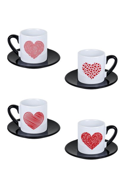 Heart Shapes Printed 4-Piece Black Handle Porcelain Turkish Coffee Cup Set