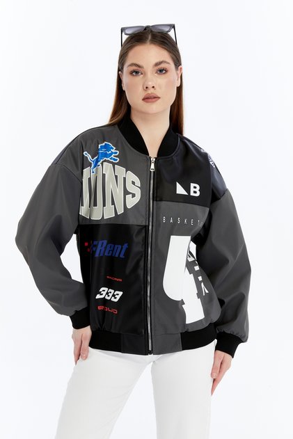 Women's Oversize Printed Leather Biker Coat Zippered Racer Jacket Lined Bomber College Coat