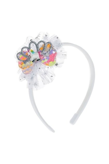 Bentiță albă pentru fete cu unicorn 3D, coroană cu paiete și tul alb cu stele