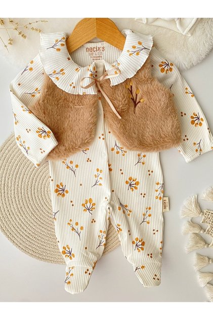 Plush Vest with Floral Pattern, Ribbed Stretchy Fabric, Snap Fasteners, Booties, Set of 2 Baby Girl Rompers
