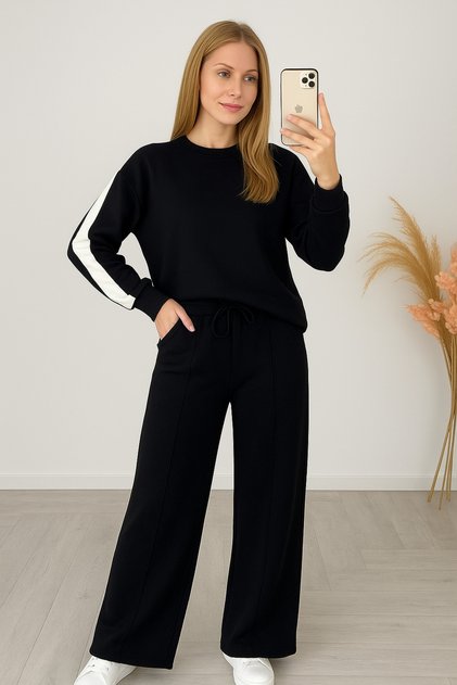 Women's Black and White Stripe Detailed Tracksuit Set – Comfortable Fit, Stylish Sporty Style 1675