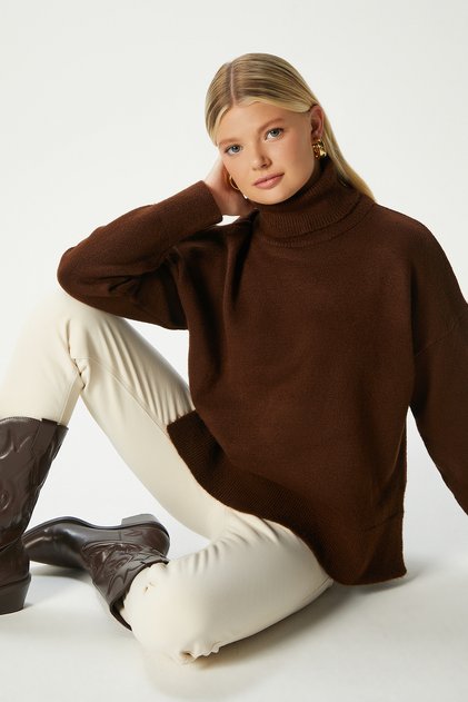 Women's Tery Soft Textured Wide Fit Side Slit Brown Knit Sweater Xs-0028