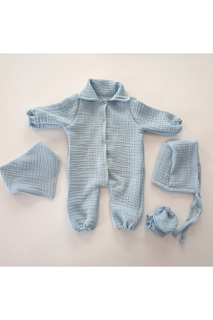 Blue Muslin Fabric Baby Romper Set | 4 Pieces Cotton 4-Layer Muslin Romper