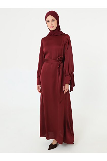 Satin Hijab Dress with Tie-Up Cuffs - Dark Red -