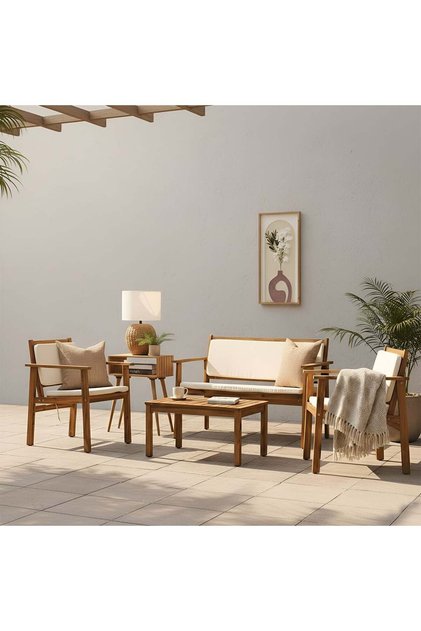 Rozana 4-Seater Outdoor Sofa Set - Solid Natural Wood, Beige, 1 Year Warranty, Vietnam