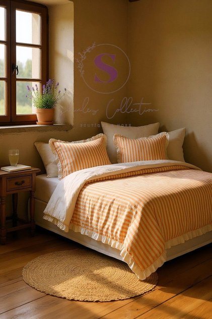 Orange-Beige 100% Cotton Ruffled Yarn-Dyed Double Duvet Cover Set, Modern Striped Duvet Cover Set