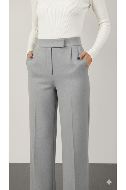 Women's Gray Palazzo Pants High Waist, Pockets, Velcro Closure