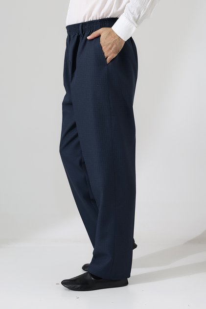 Men's Graf Checkered Fabric Shalwar Trousers with Elastic Waist and Pockets - Blue (Isr)