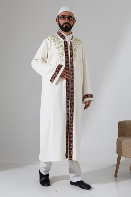 Embroidered Judge Collar Imam Robe, Prayer Robe with Snap-Pocket, Burgundy Border - Cream