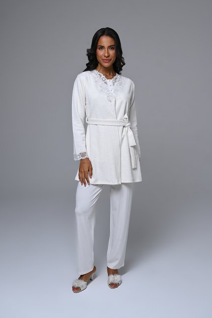 Long Sleeve Women's Pajama Set with Lace-Up Sleeves, 3-Piece Set