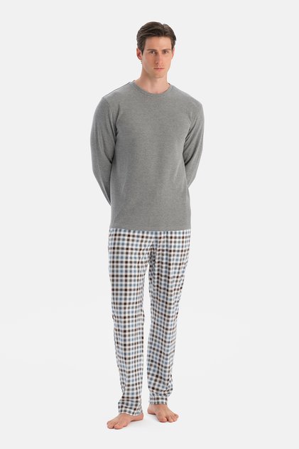 Gri Melanj Dikiş Detaylı Waffle Tişört Pantolon Pijama Takımı