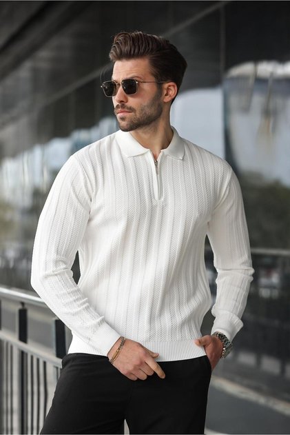 White Half Zip Polo Neck Knitwear Sweater E7426