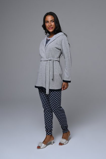 Women's Gray Jacquard Patterned Winter Special Design Dressing Gown Pajama Set