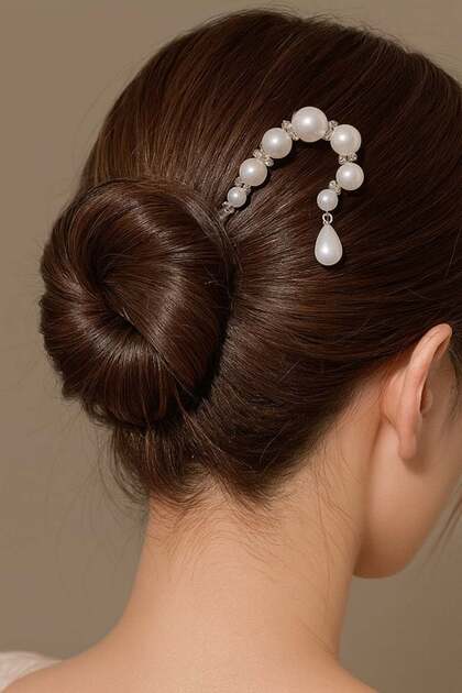Silver Color Pearl Detailed Bun Hair Clip