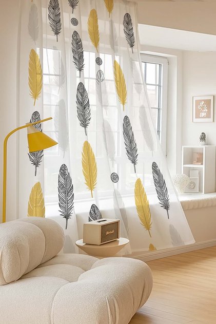 Sarı Gri Etnik Tüyler Desenli Dijital Baskı Tül Perde Salon Mutfak Yatak Odası 140x260cm