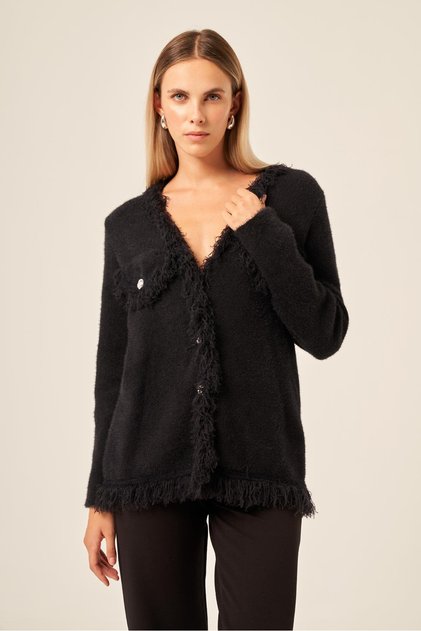 Women's Tassel Detailed V-Neck Knitwear Cardigan Black 25198