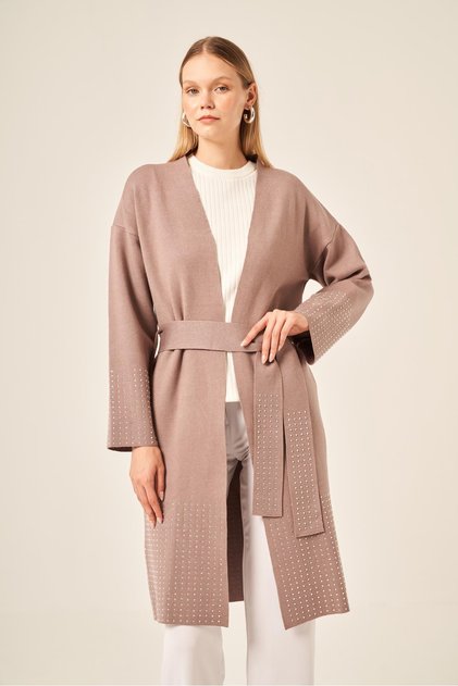 Women's Stone Detailed Knitwear Cardigan Milk Coffee 20833