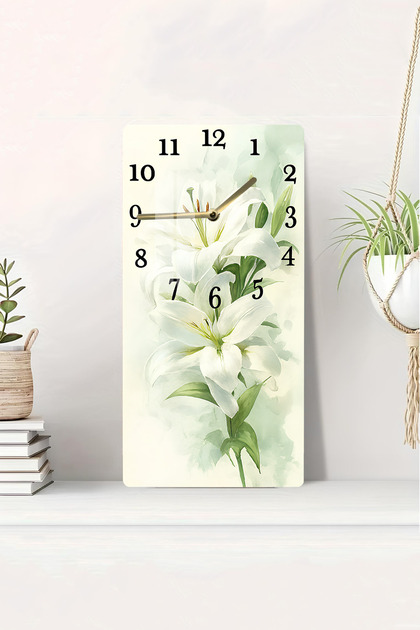 Beyaz Zambaklar Temalı Temperli Cam Duvar Saati – 30X60 cm – HD UV BASKI– CUSD071