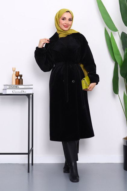 Black Double-Breasted Collar Belted Angora Coat