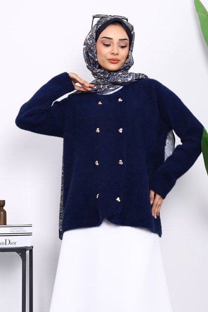 Lacivert Kalp Düğme Detaylı Angora Yumoş Triko Hırka