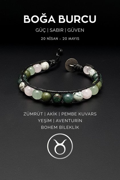 Natural Stone Bracelet,Taurus Zodiac Bohemian Bracelet, Emerald, Agate, Pink Quartz, Jade and Aventurine Stones