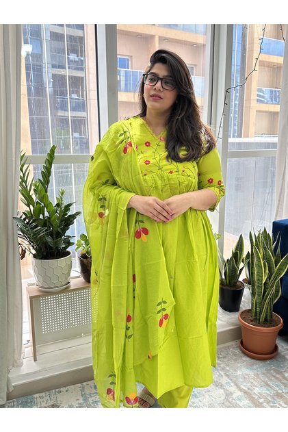 Lime Green Anarkali Suit Set Women | Floral Embroidered Cotton 3 Piece