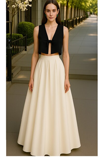 Women's Ecru Pocketless Pleated A-Line Evening Skirt