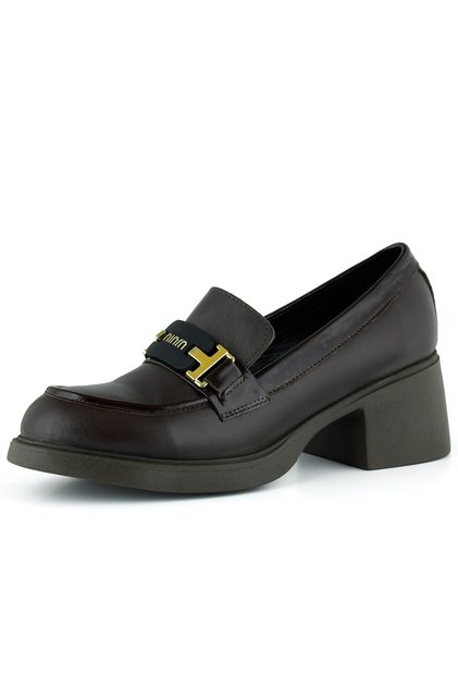 Brown Genuine Calfskin Patent Leather Detailed Buckle Thick Heeled Casual Loafer Shoes