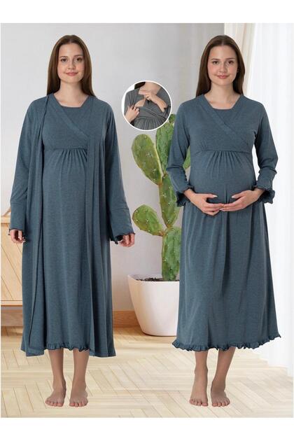 Women's Anthracite Special Design Cotton Combed Maternity Nightgown Nightgown Set