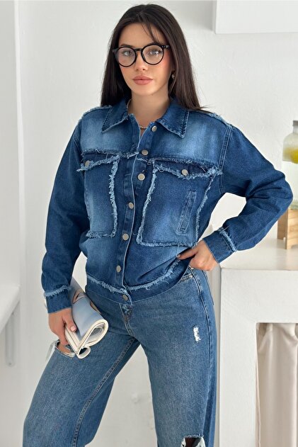 FEMELLE Kadın Mavi Saçaklı Dikiş Detaylı Oversize Denim Kot Ceket