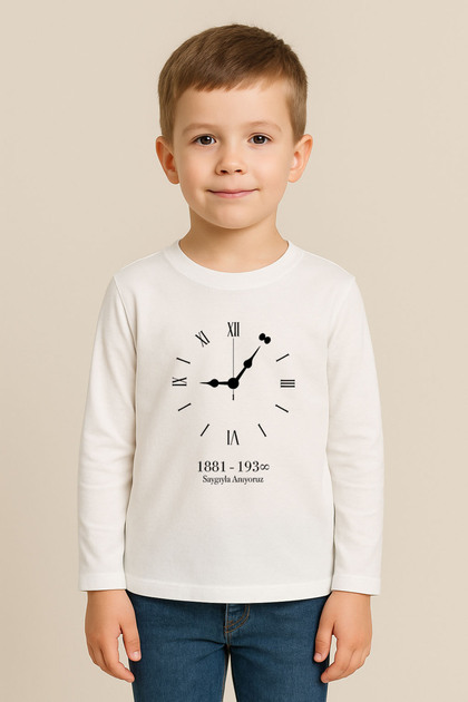 10 November Ataturk Printed White Crew Neck Combed Cotton Fabric Kids T-Shirt Blouse