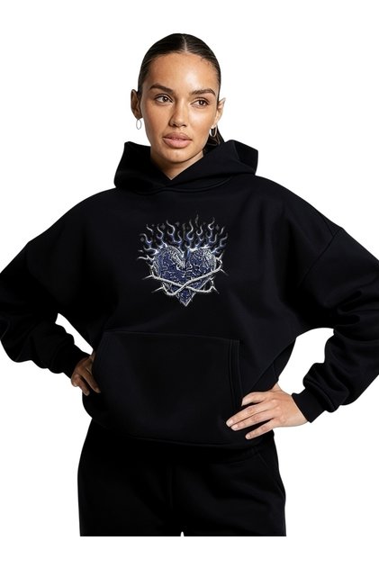 Unisex Blue Heart Colorful Custom Printed Cotton Oversize Hooded Sweatshirt