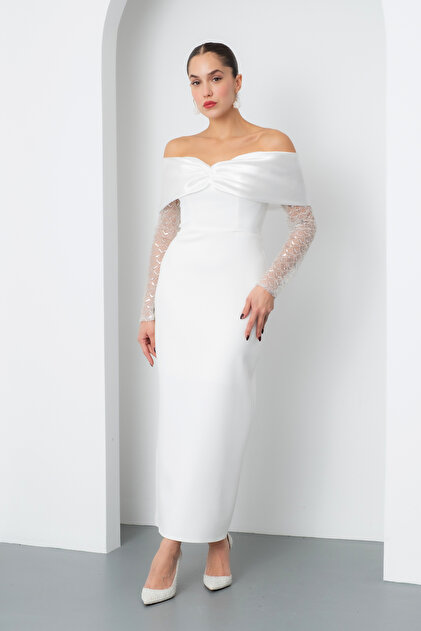 Lafaba Women's White Sleeve Detailed Bow Promise Engagement Wedding Evening Dress- Trendyol Lafaba Women's White Sleeve Detailed Bow Promise Engagement Wedding Evening Dress- Trendyol