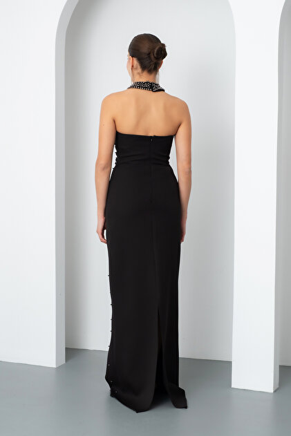 Lafaba Women's Black-Grey Halter Neck Pearls Promise Engagement Wedding  Evening Dress- Trendyol