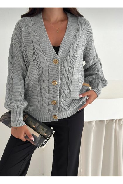 Women's V-Neck Hair Knit Balloon Sleeve Knitwear Cardigan
