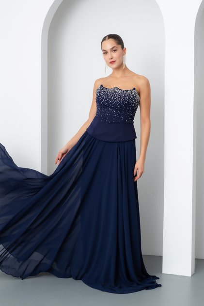 Women's Navy Blue Strapless Stone Long Tulle Evening Dress